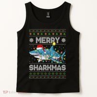 Merry Sharkmas Shark Santa Ugly Christmas Lights Xmas Tank Top thumb 2