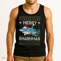 Merry Sharkmas Shark Santa Ugly Christmas Lights Xmas Tank Top thumb 3