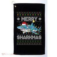 Merry Sharkmas Shark Santa Ugly Christmas Lights Xmas Golf Towel thumb 0