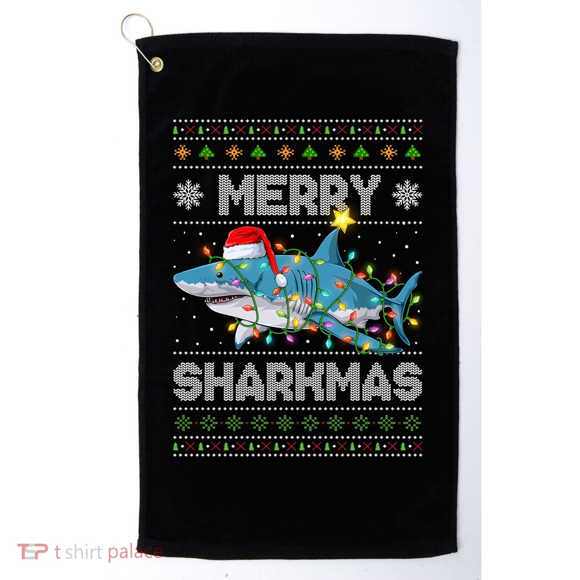 Merry Sharkmas Shark Santa Ugly Christmas Lights Xmas Golf Towel