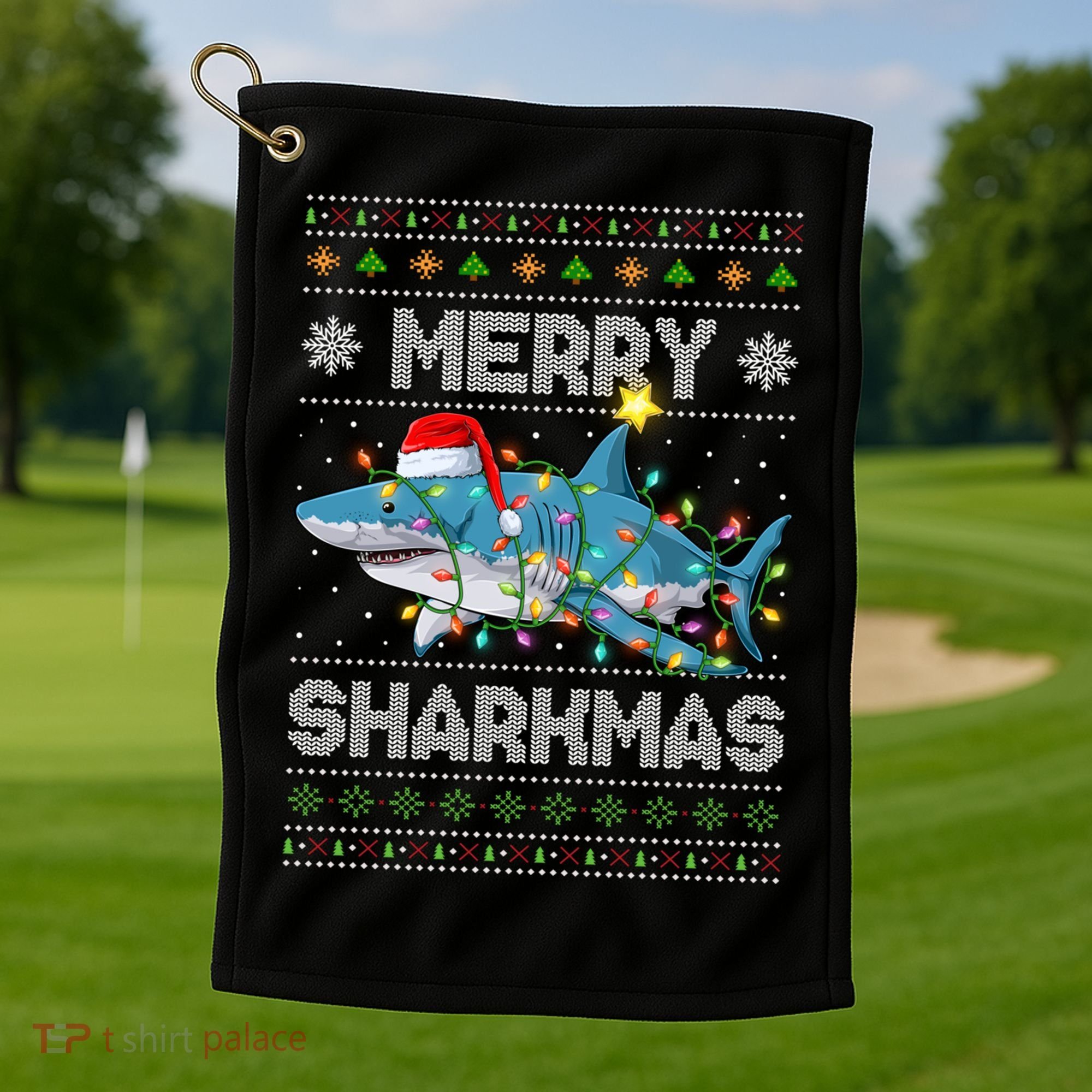Merry Sharkmas Shark Santa Ugly Christmas Lights Xmas Golf Towel