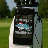 Merry Sharkmas Shark Santa Ugly Christmas Lights Xmas Golf Towel thumb 2