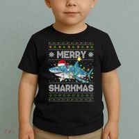 Merry Sharkmas Shark Santa Ugly Christmas Lights Xmas Toddler T-Shirt thumb 2