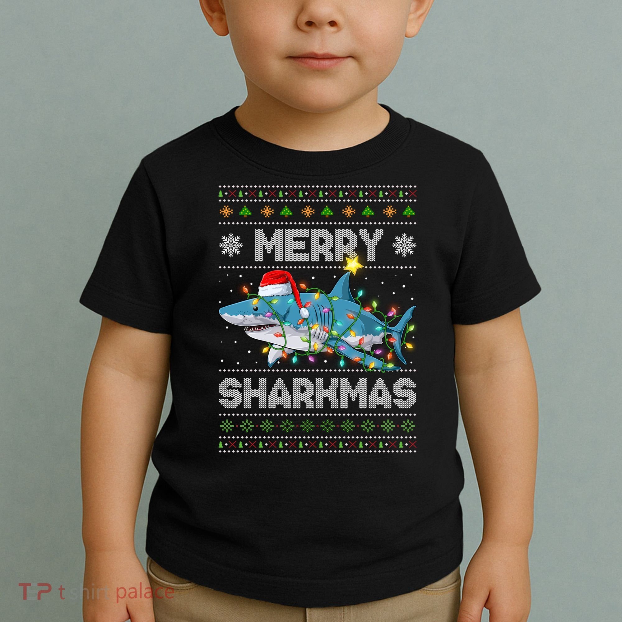 Merry Sharkmas Shark Santa Ugly Christmas Lights Xmas Toddler T-Shirt