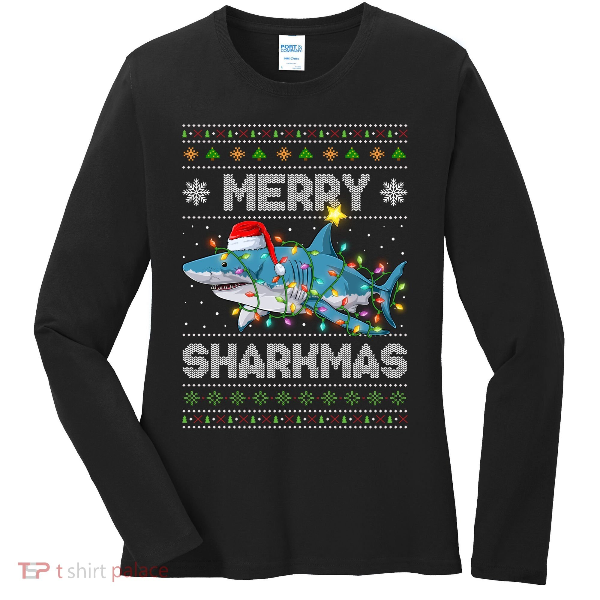 Merry Sharkmas Shark Santa Ugly Christmas Lights Xmas Women's Long Sleeve Shirt