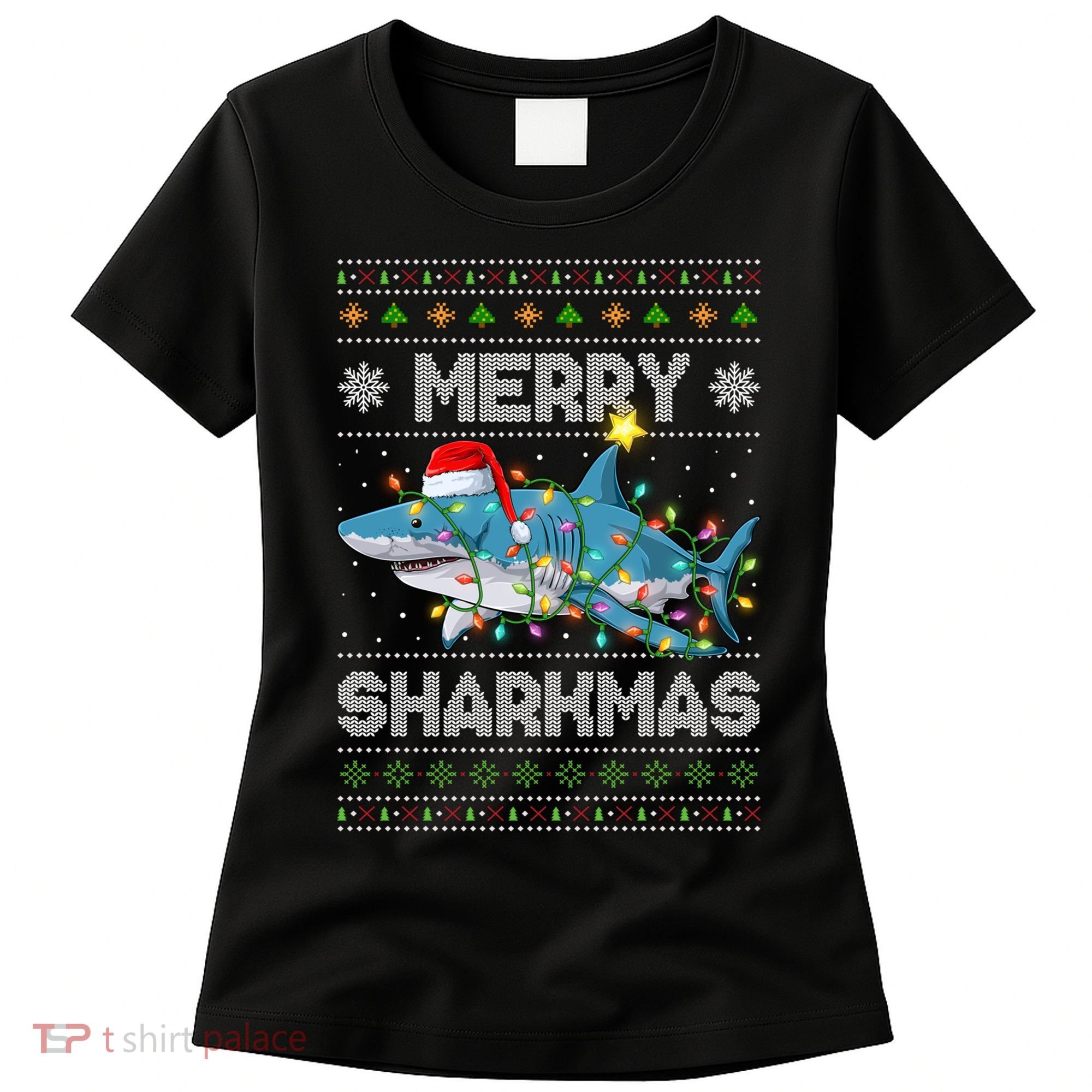 Merry Sharkmas Shark Santa Ugly Christmas Lights Xmas Women's T-Shirt