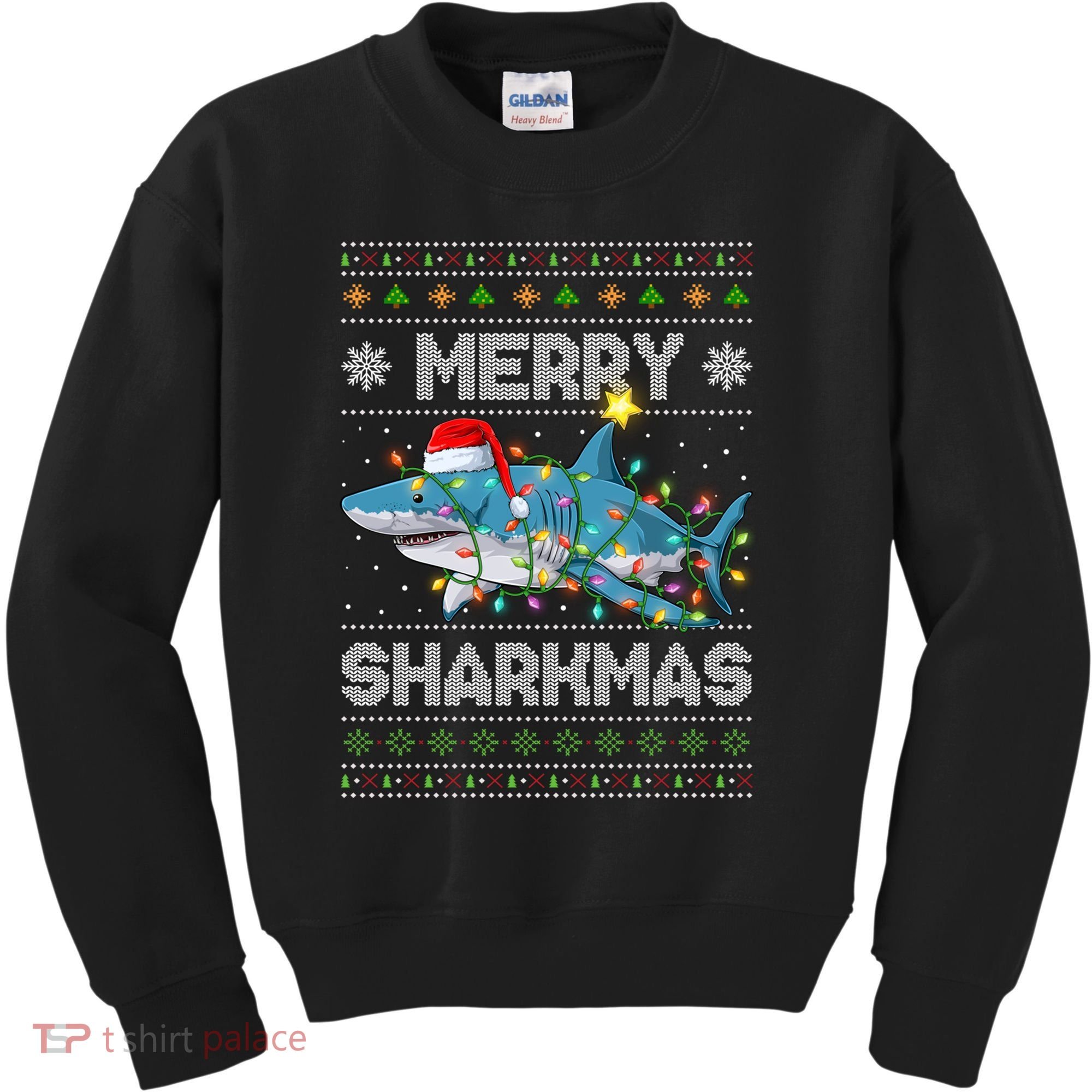 Merry Sharkmas Shark Santa Ugly Christmas Lights Xmas Kids Sweatshirt
