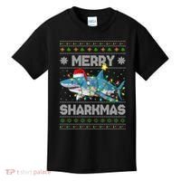 Merry Sharkmas Shark Santa Ugly Christmas Lights Xmas Kids T-Shirt thumb 0