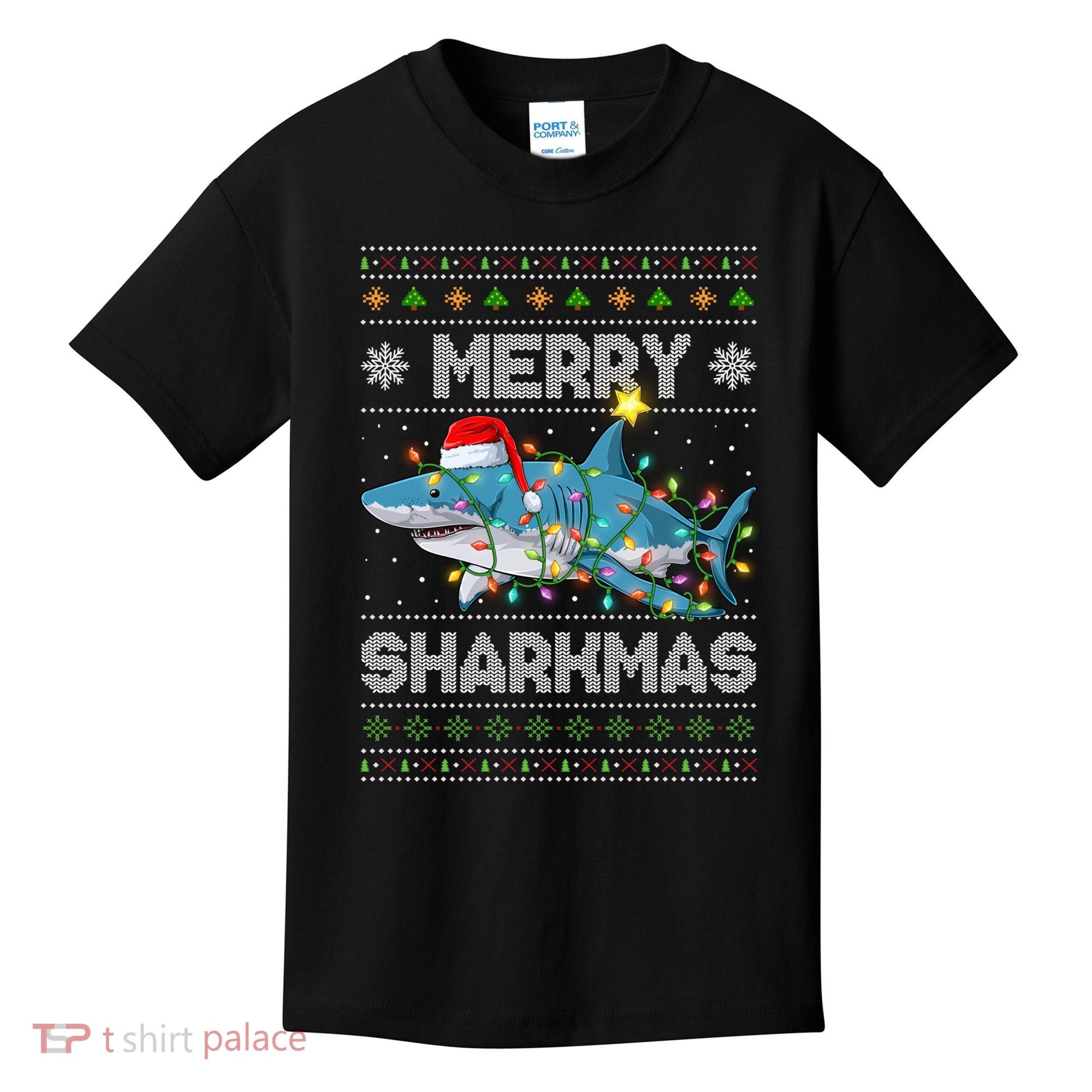 Merry Sharkmas Shark Santa Ugly Christmas Lights Xmas Kids T-Shirt