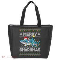 Merry Sharkmas Shark Santa Ugly Christmas Lights Xmas Tote Bag thumb 0