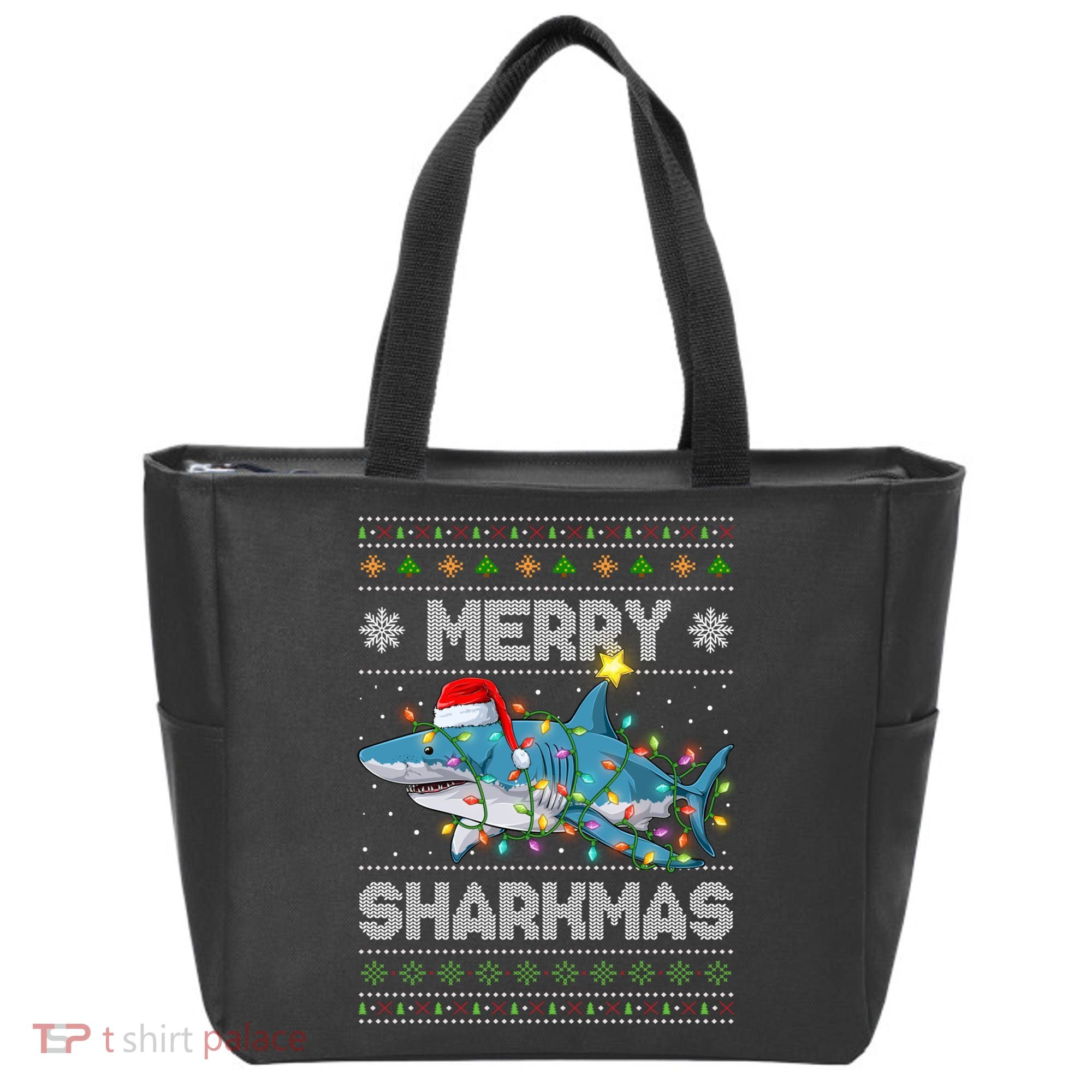 Merry Sharkmas Shark Santa Ugly Christmas Lights Xmas Tote Bag