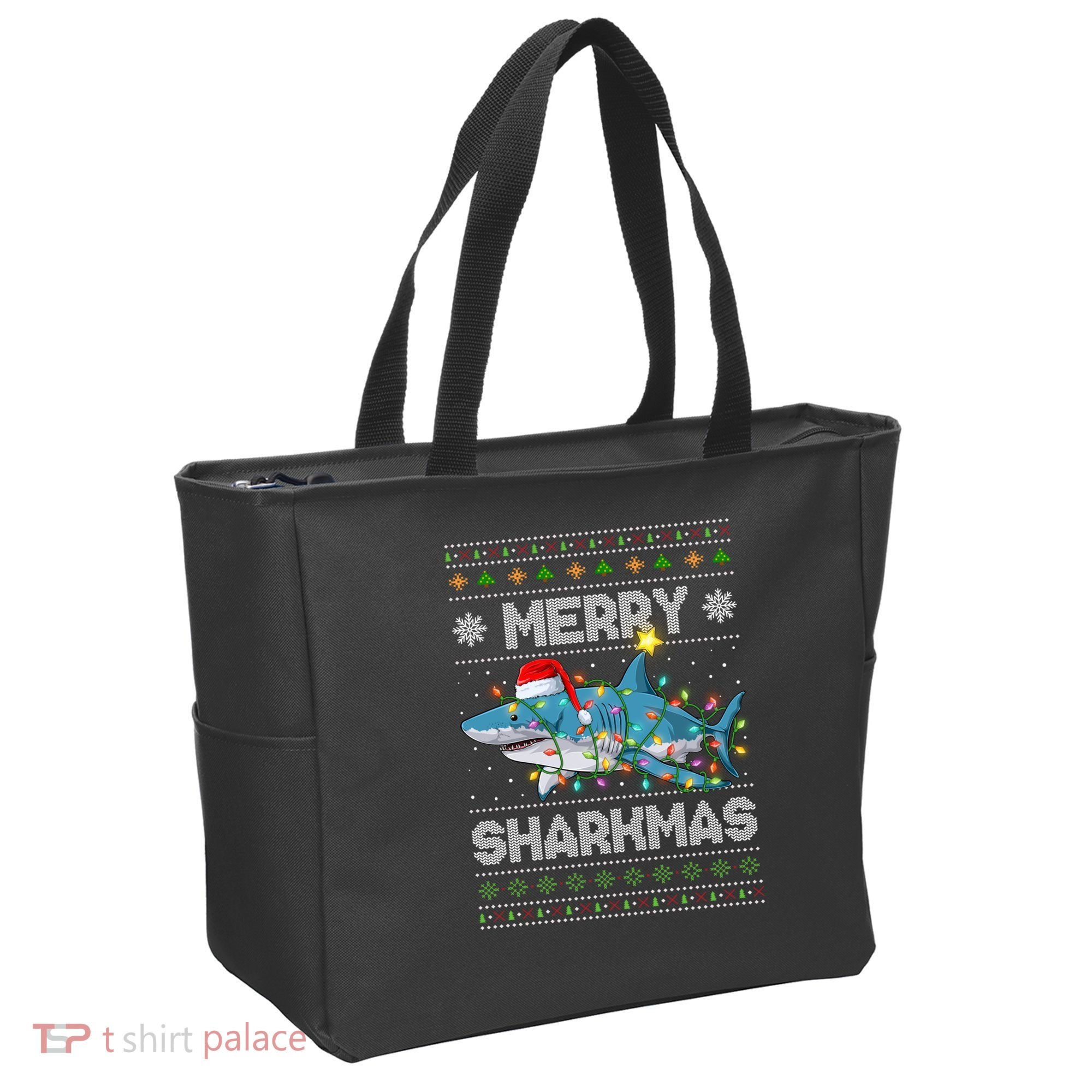 Merry Sharkmas Shark Santa Ugly Christmas Lights Xmas Tote Bag