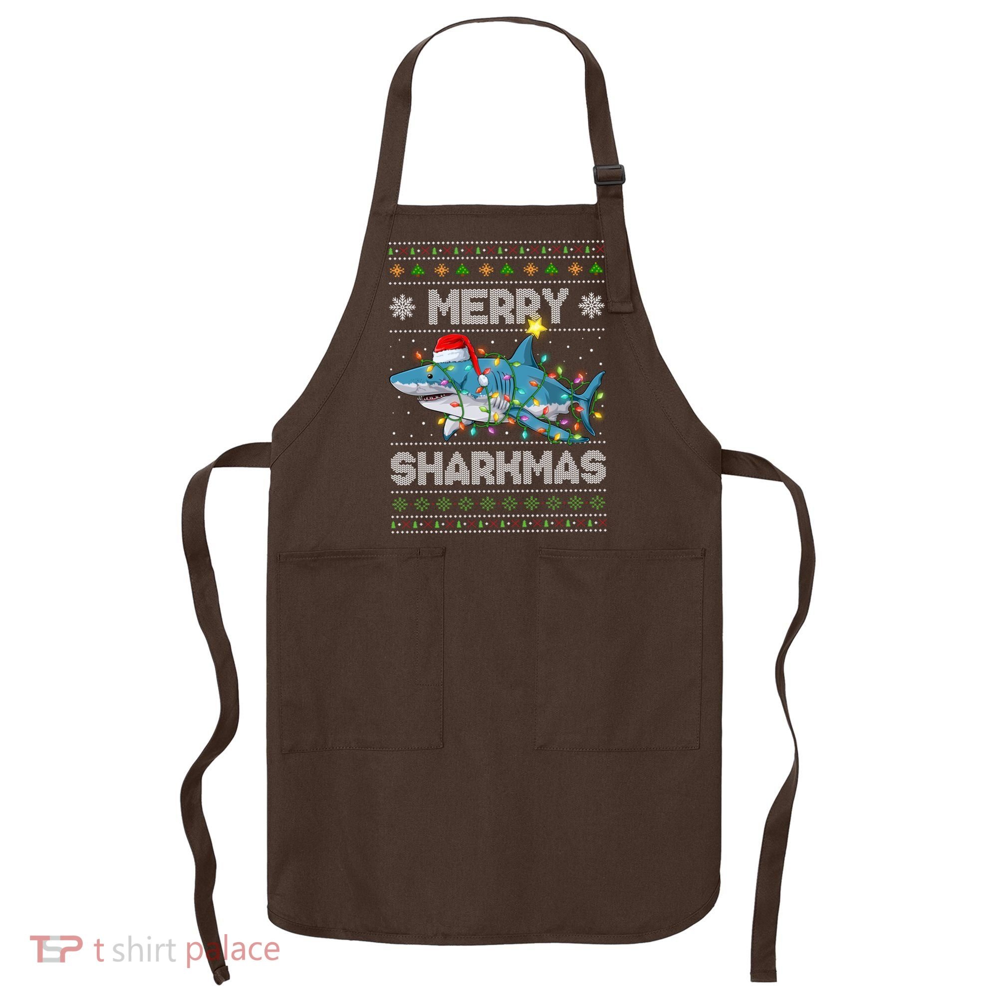 Merry Sharkmas Shark Santa Ugly Christmas Lights Xmas Apron