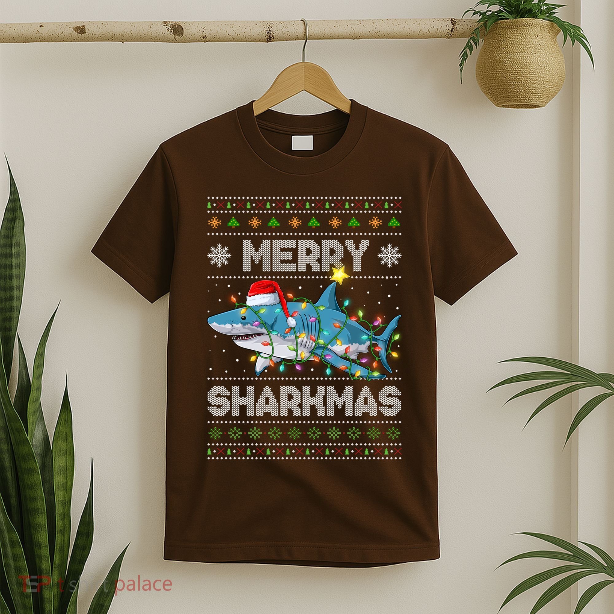 Merry Sharkmas Shark Santa Ugly Christmas Lights Xmas T-Shirt