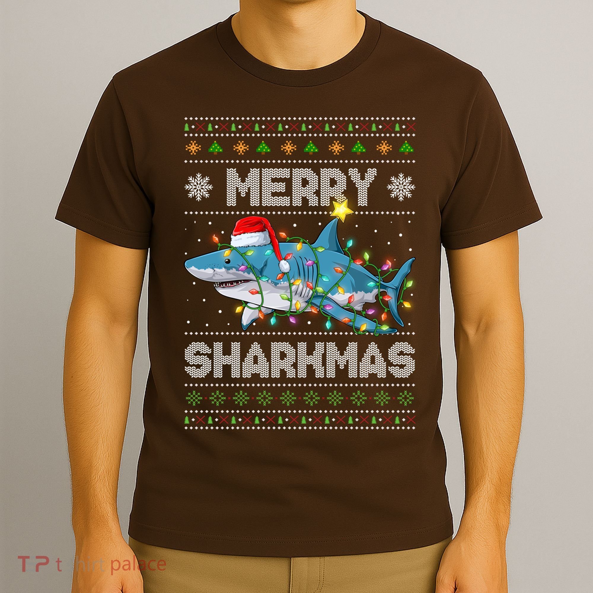 Merry Sharkmas Shark Santa Ugly Christmas Lights Xmas T-Shirt