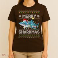 Merry Sharkmas Shark Santa Ugly Christmas Lights Xmas T-Shirt thumb 4