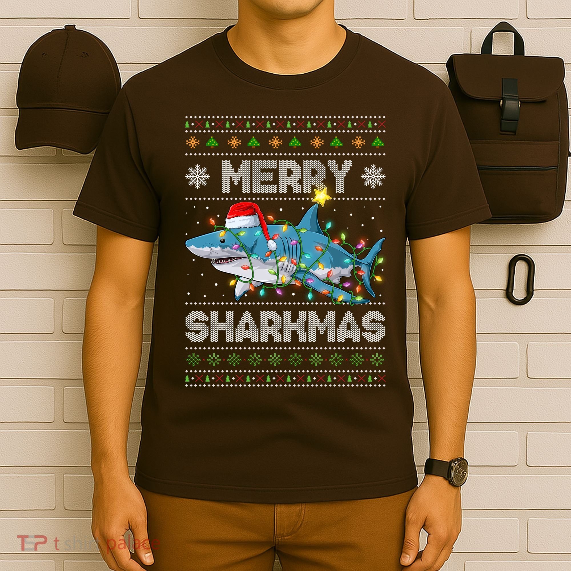 Merry Sharkmas Shark Santa Ugly Christmas Lights Xmas T-Shirt