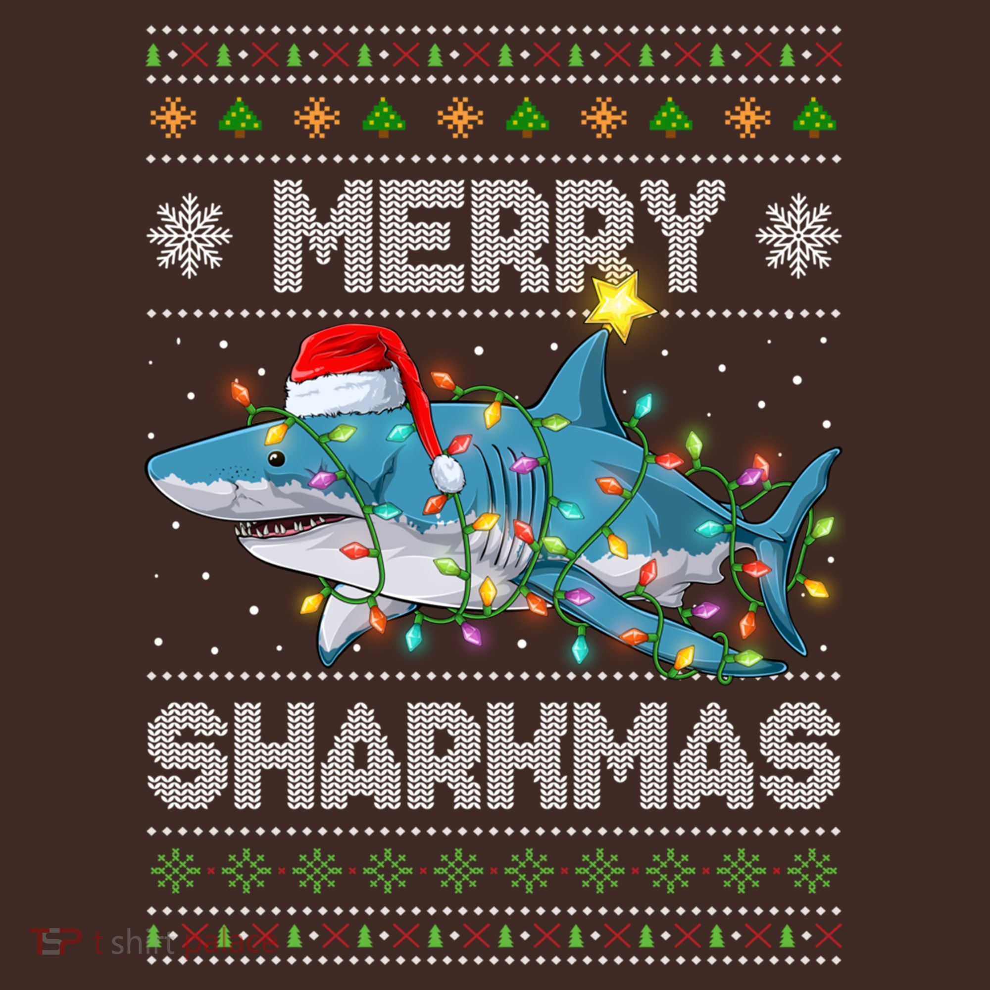 Merry Sharkmas Shark Santa Ugly Christmas Lights Xmas T-Shirt