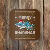 Merry Sharkmas Shark Santa Ugly Christmas Lights Xmas Coaster thumb 0