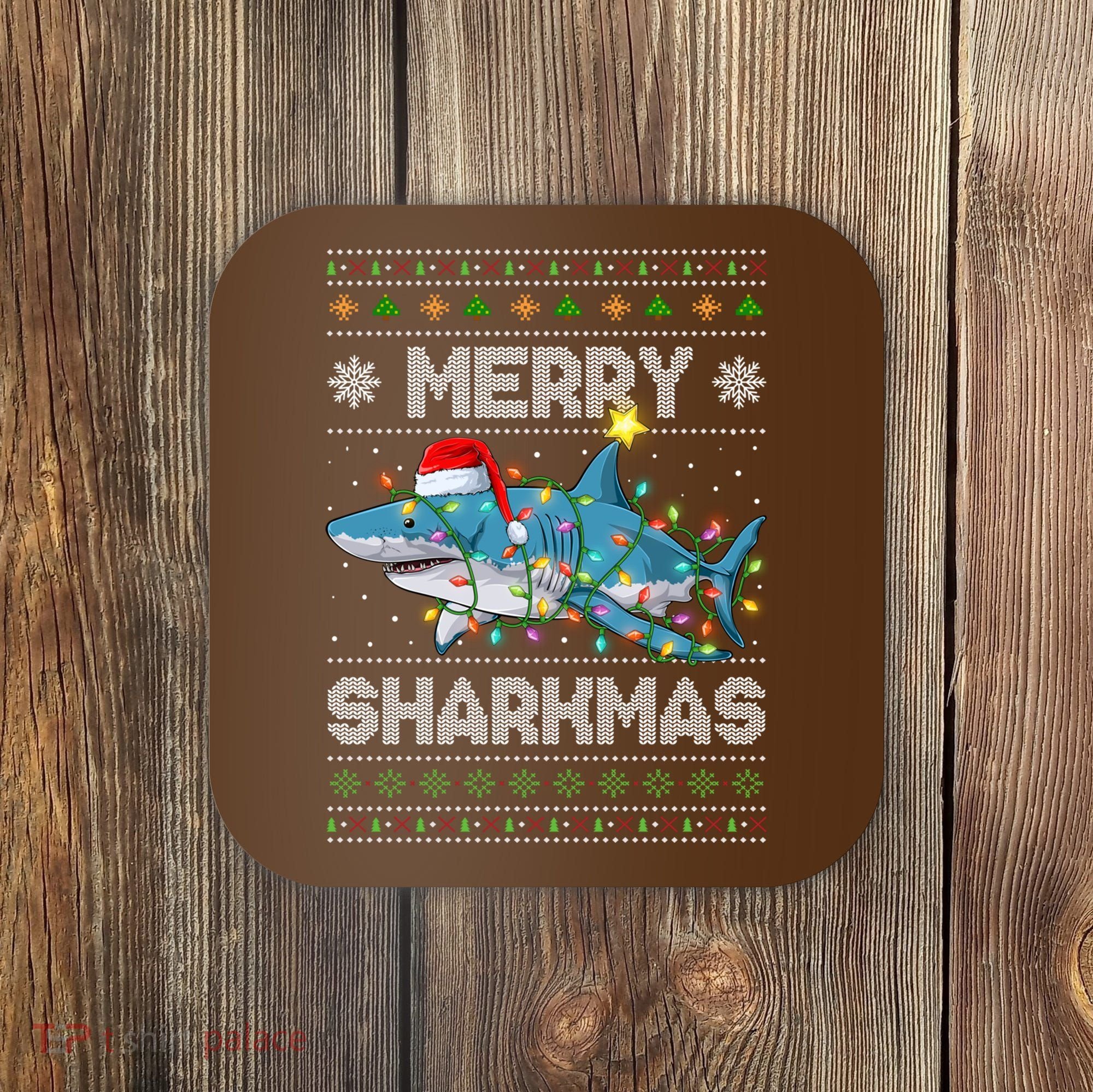 Merry Sharkmas Shark Santa Ugly Christmas Lights Xmas Coaster