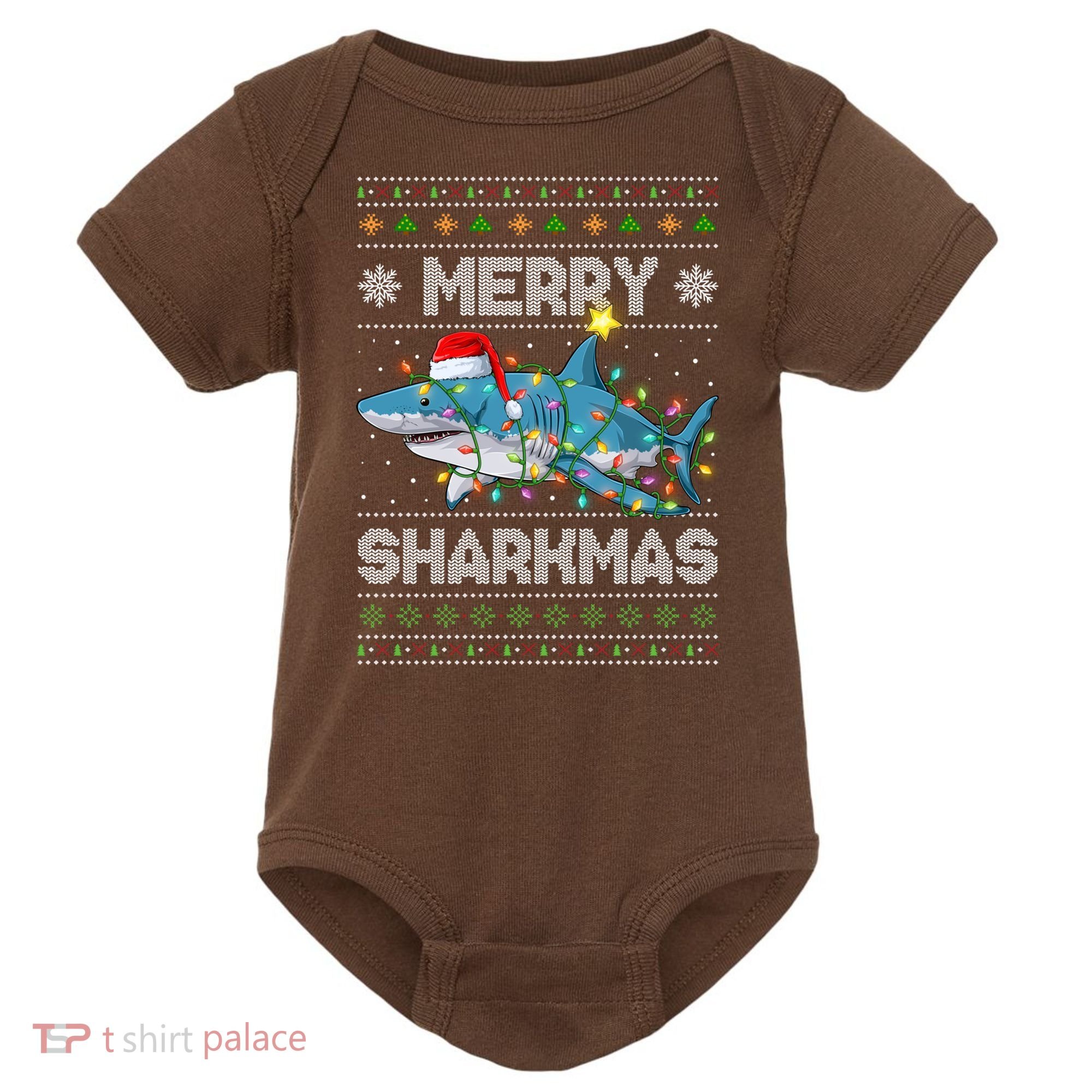 Merry Sharkmas Shark Santa Ugly Christmas Lights Xmas Baby Bodysuit