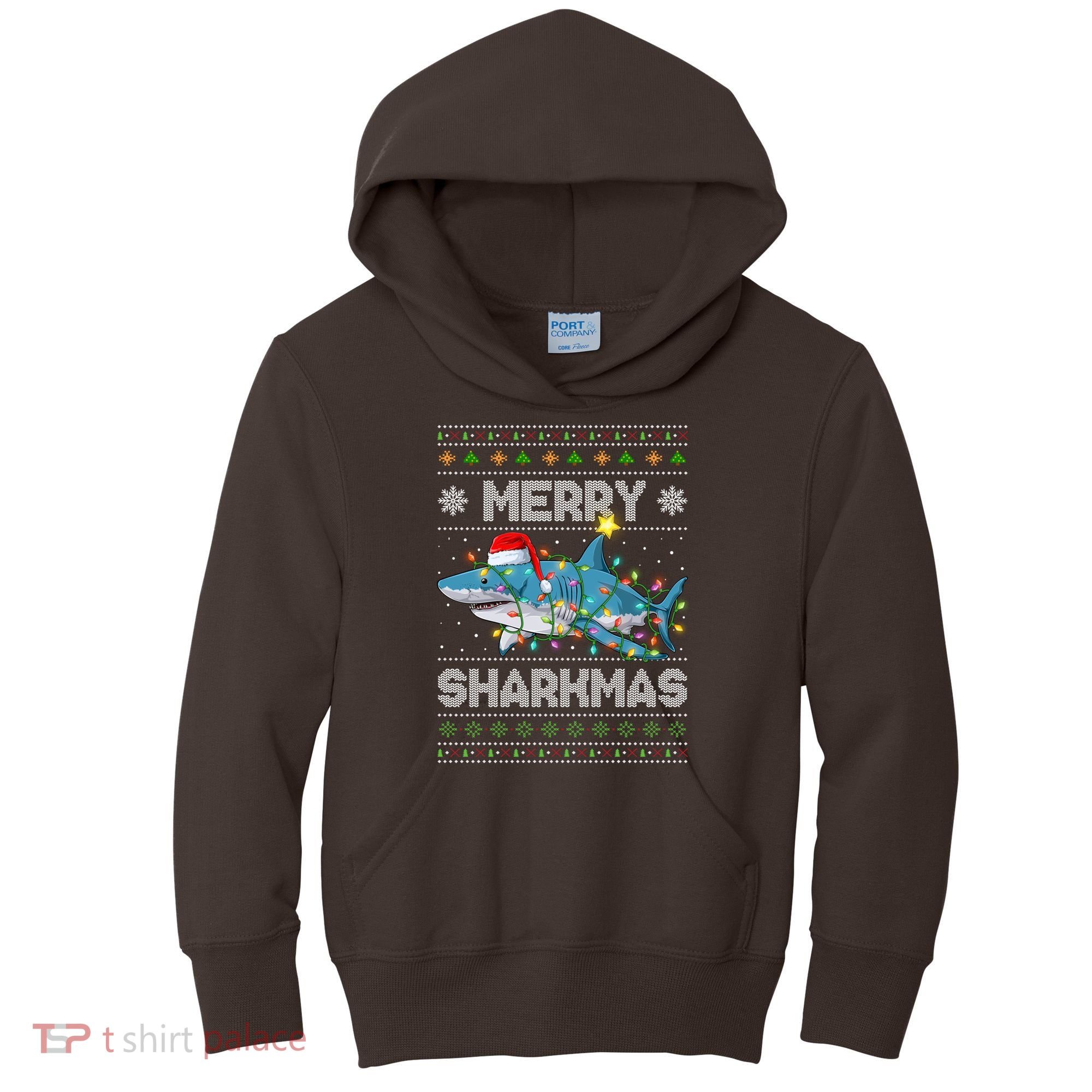 Merry Sharkmas Shark Santa Ugly Christmas Lights Xmas Kids Hoodie
