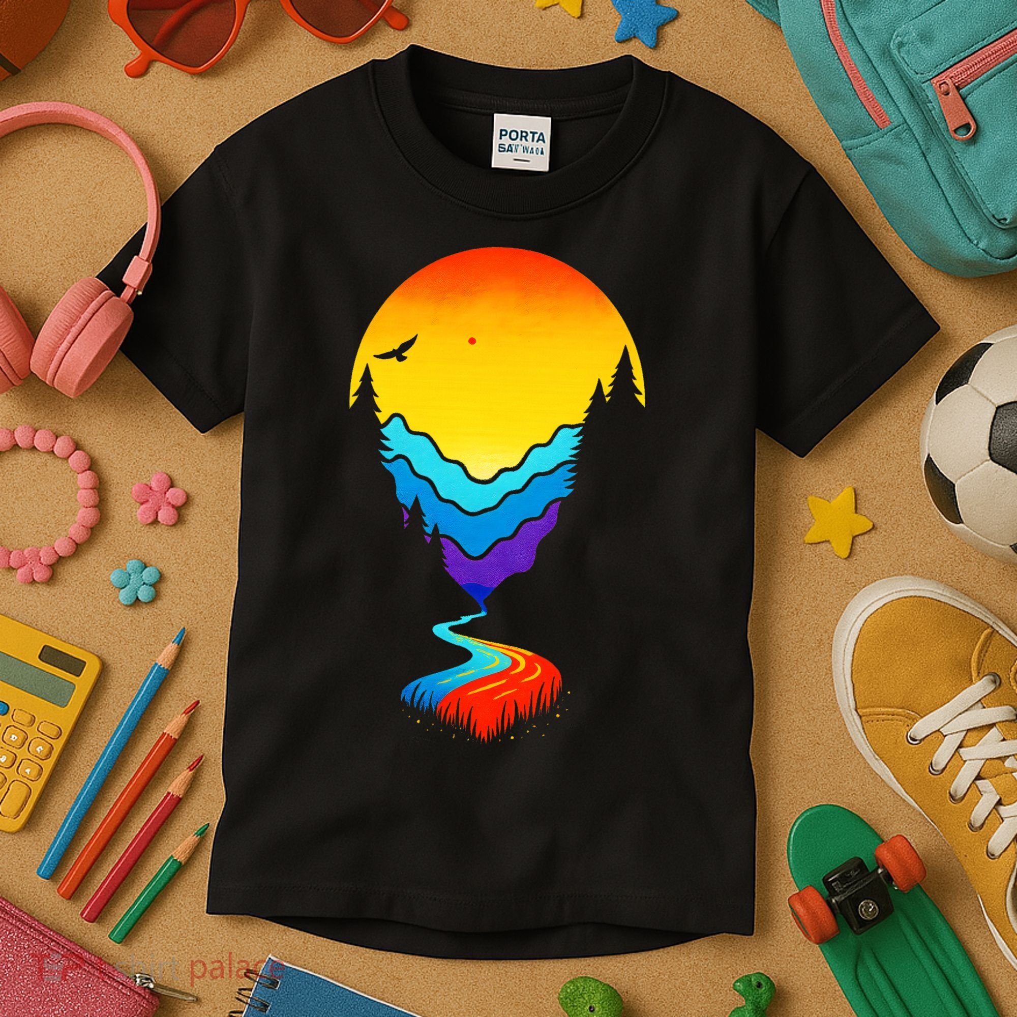 Mountain Stream Sunset Wilderness Kids T-Shirt