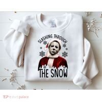 Myers Slashing Through The Snow Horror Christmas Sweatshirt thumb 2