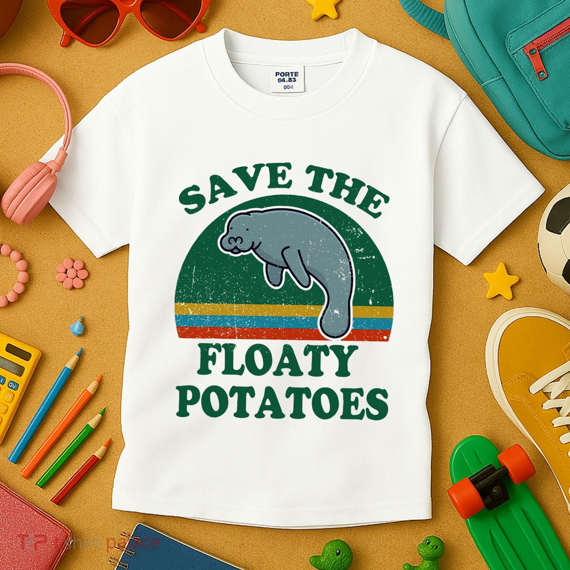 Manatee Save The Floaty Potatoes Funny Chubby Mermaid Kids T-Shirt