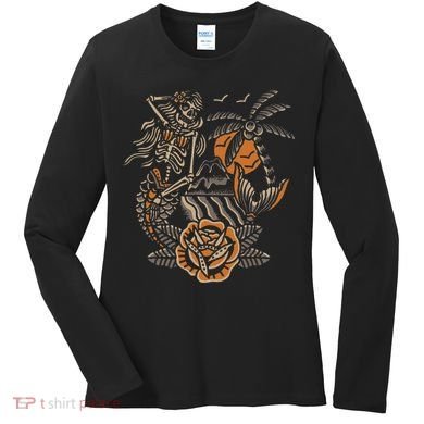 Mermaid Skeleton Traditional Tattoo Old School Tattoo Flash Women's Long Sleeve Shirt