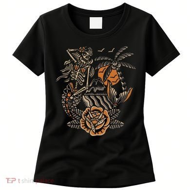 Mermaid Skeleton Traditional Tattoo Old School Tattoo Flash Women's T-Shirt