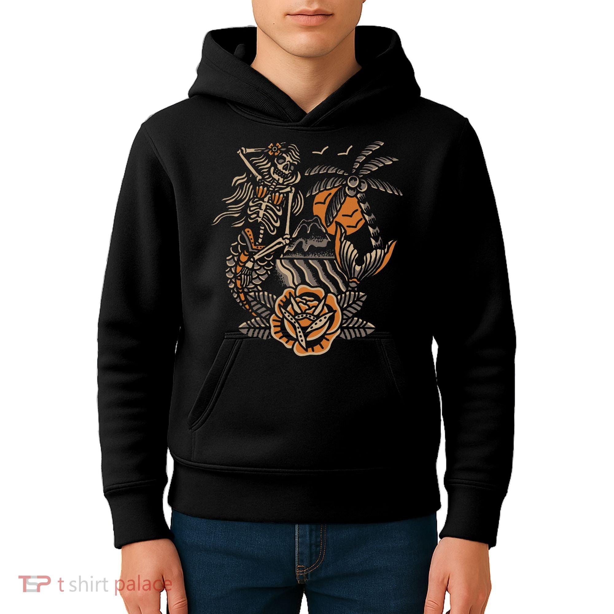 Mermaid Skeleton Traditional Tattoo Old School Tattoo Flash Kids Hoodie