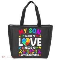 My Son Taught Me Love Needs No Words Autism For Mom Dad Tote Bag thumb 0