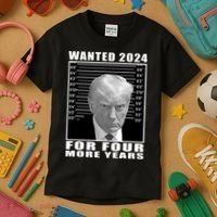 Mug Shot Trump Wanted 2024 For Four More Years Kids T-Shirt thumb 3