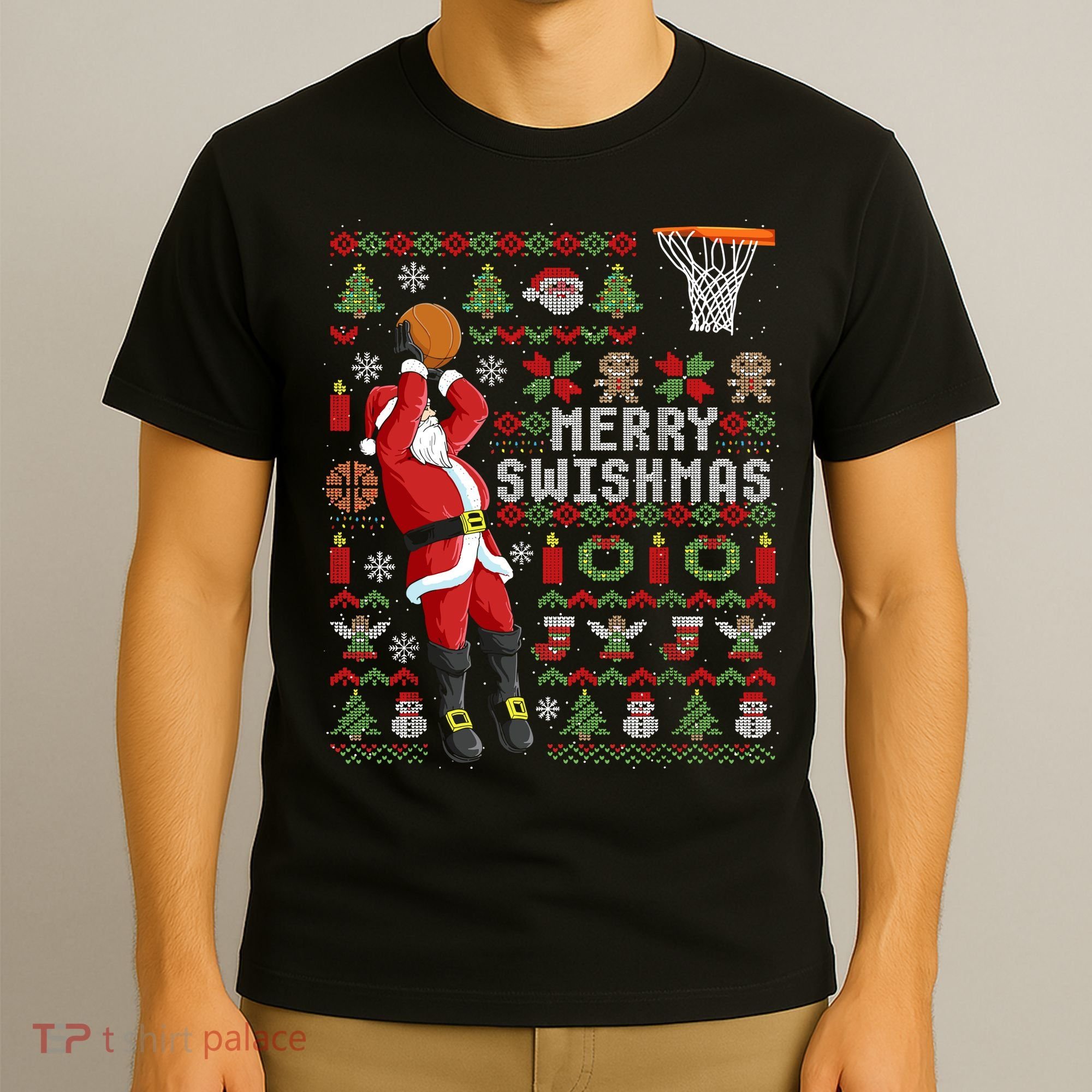 Merry Swishmas Ugly Christmas Basketball T-Shirt