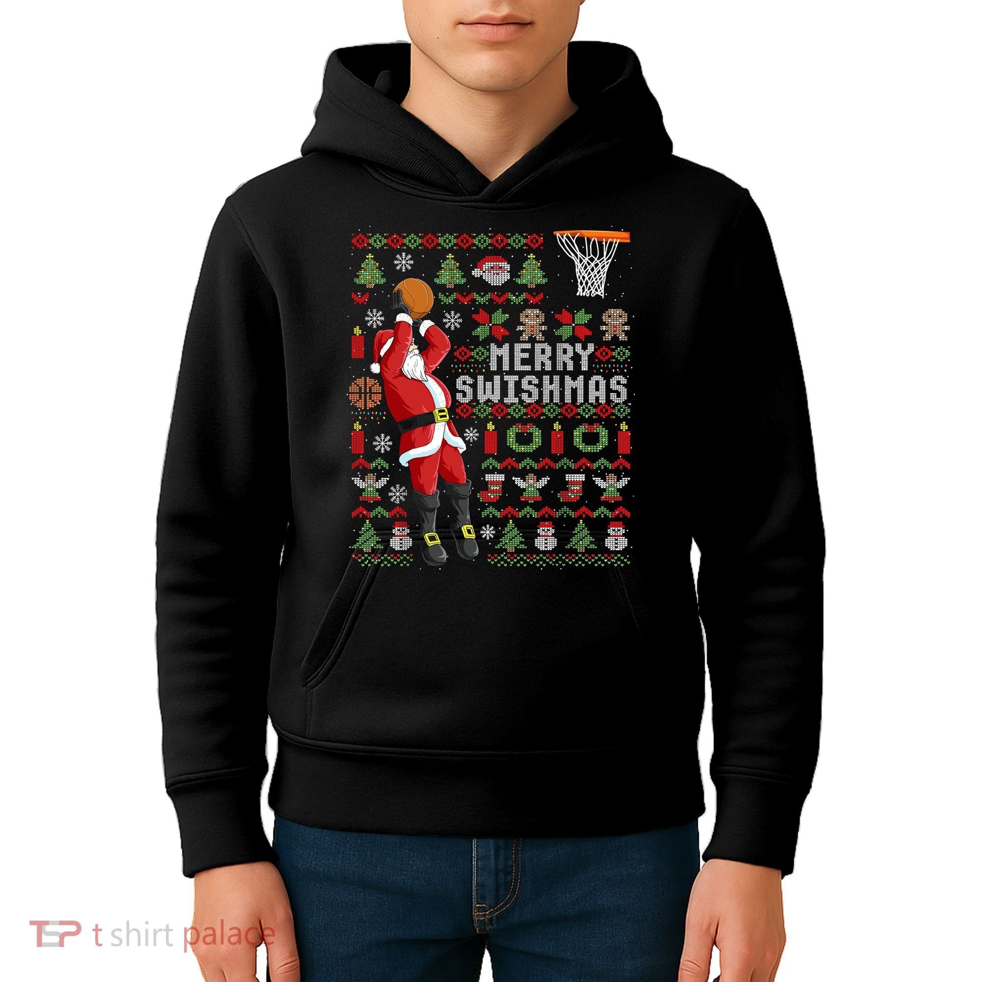 Merry Swishmas Ugly Christmas Basketball Kids Hoodie