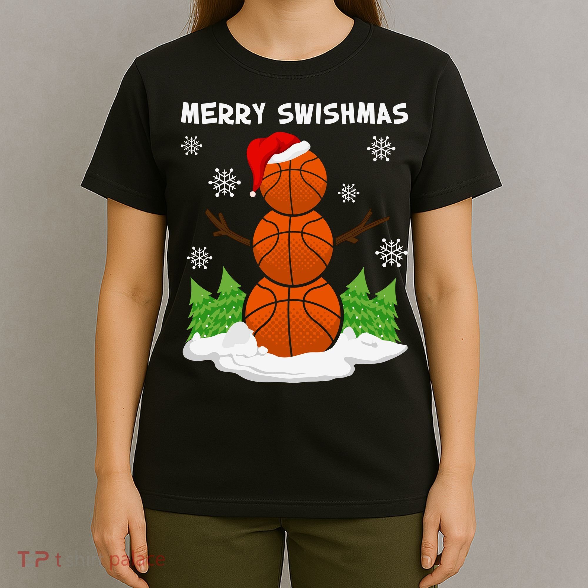 Merry Swishmas Ugly Sweater Basketball Christmas Snowman Basketball Character T-Shirt