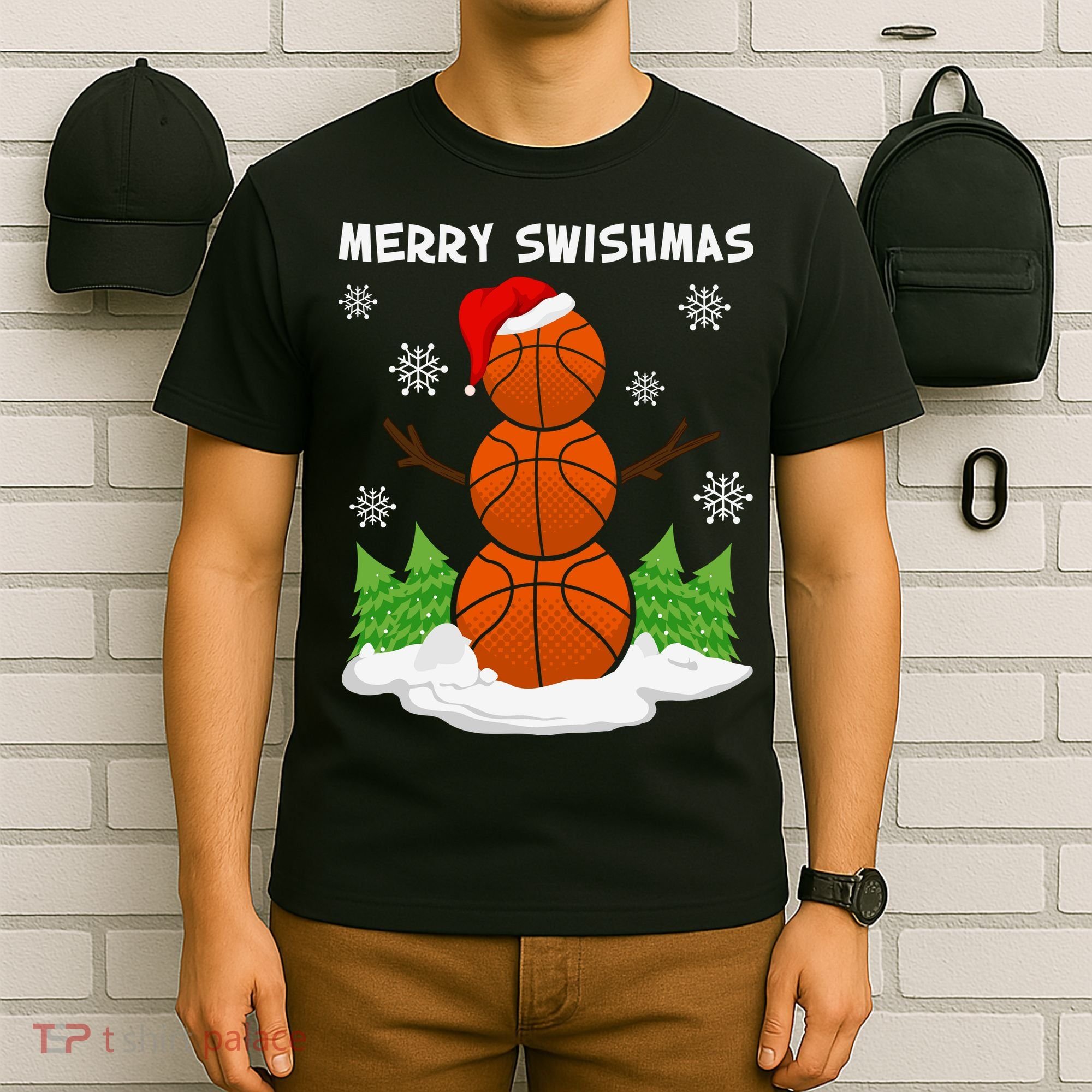 Merry Swishmas Ugly Sweater Basketball Christmas Snowman Basketball Character T-Shirt