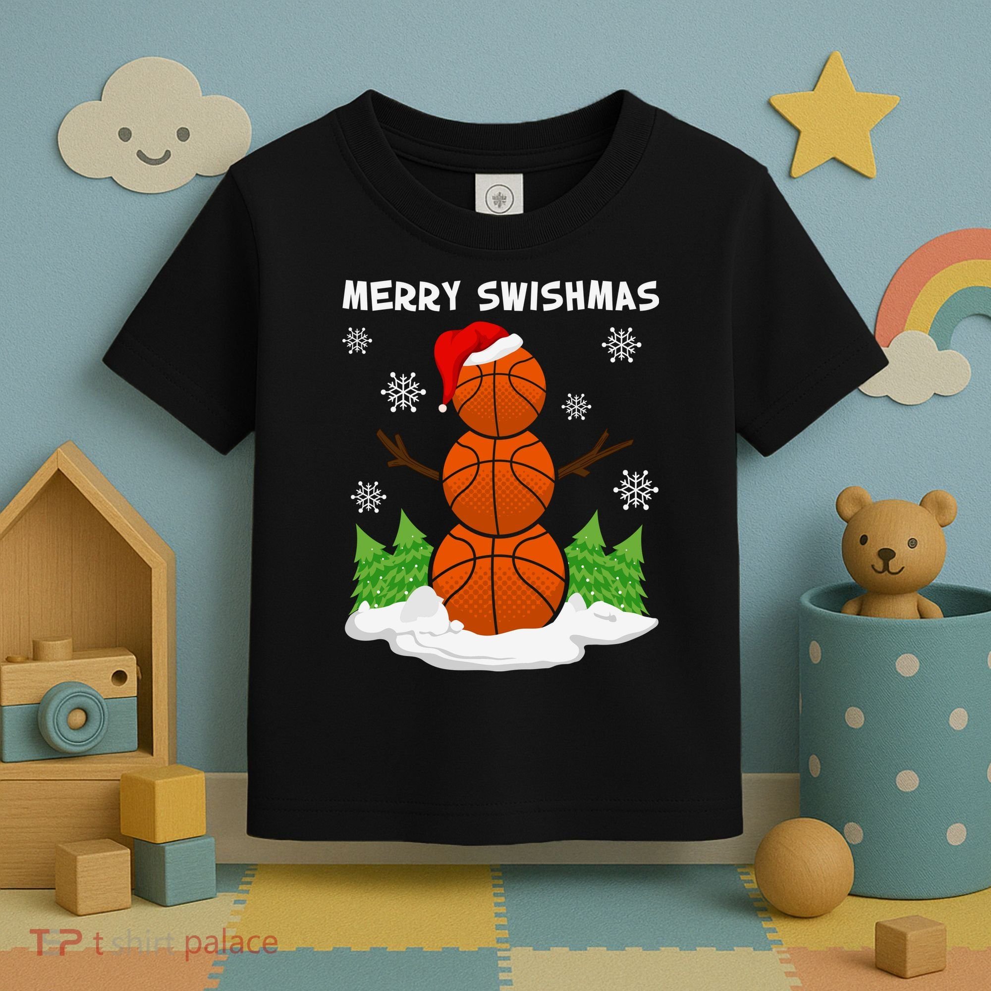 Merry Swishmas Ugly Sweater Basketball Christmas Snowman Basketball Character Toddler T-Shirt