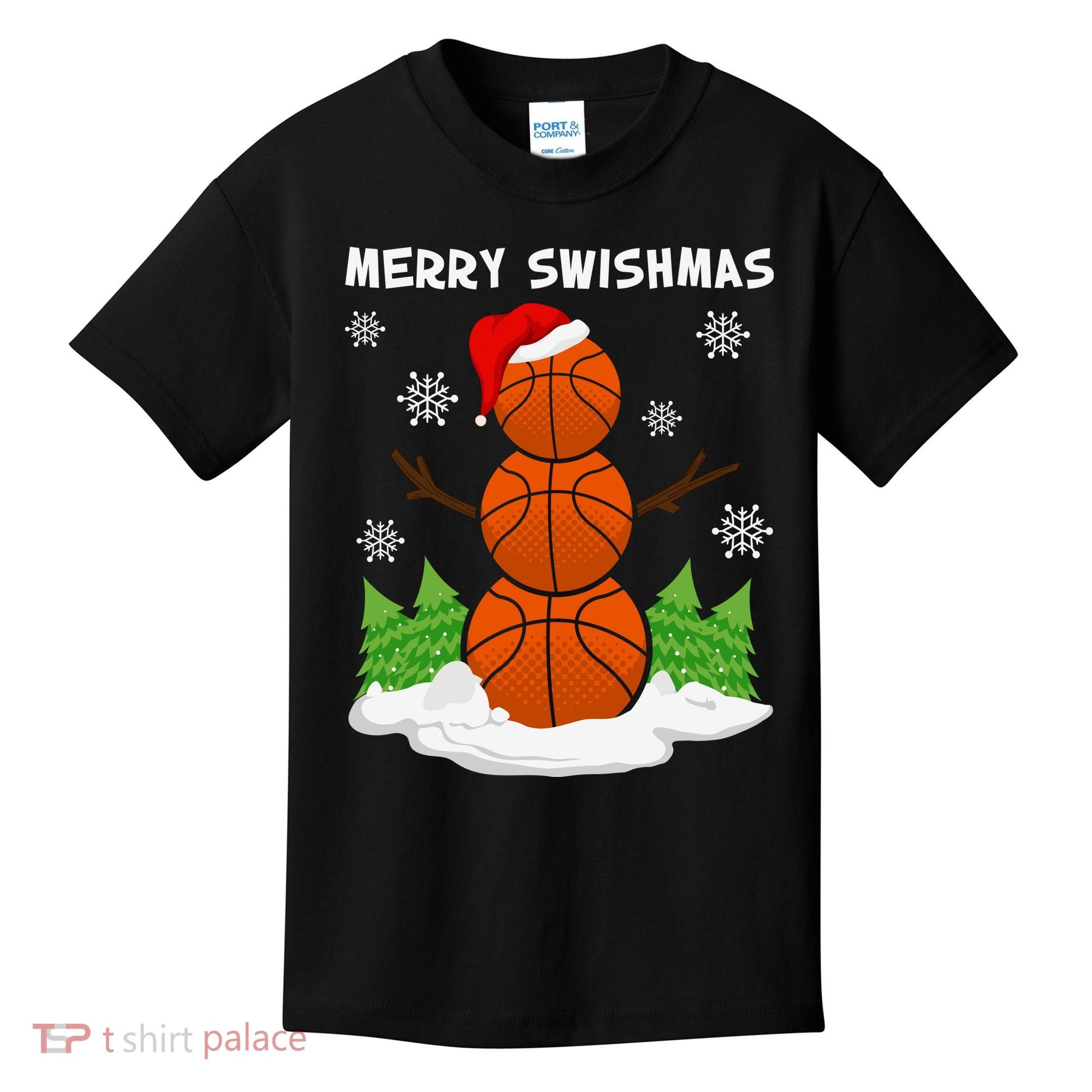 Merry Swishmas Ugly Sweater Basketball Christmas Snowman Basketball Character Kids T-Shirt