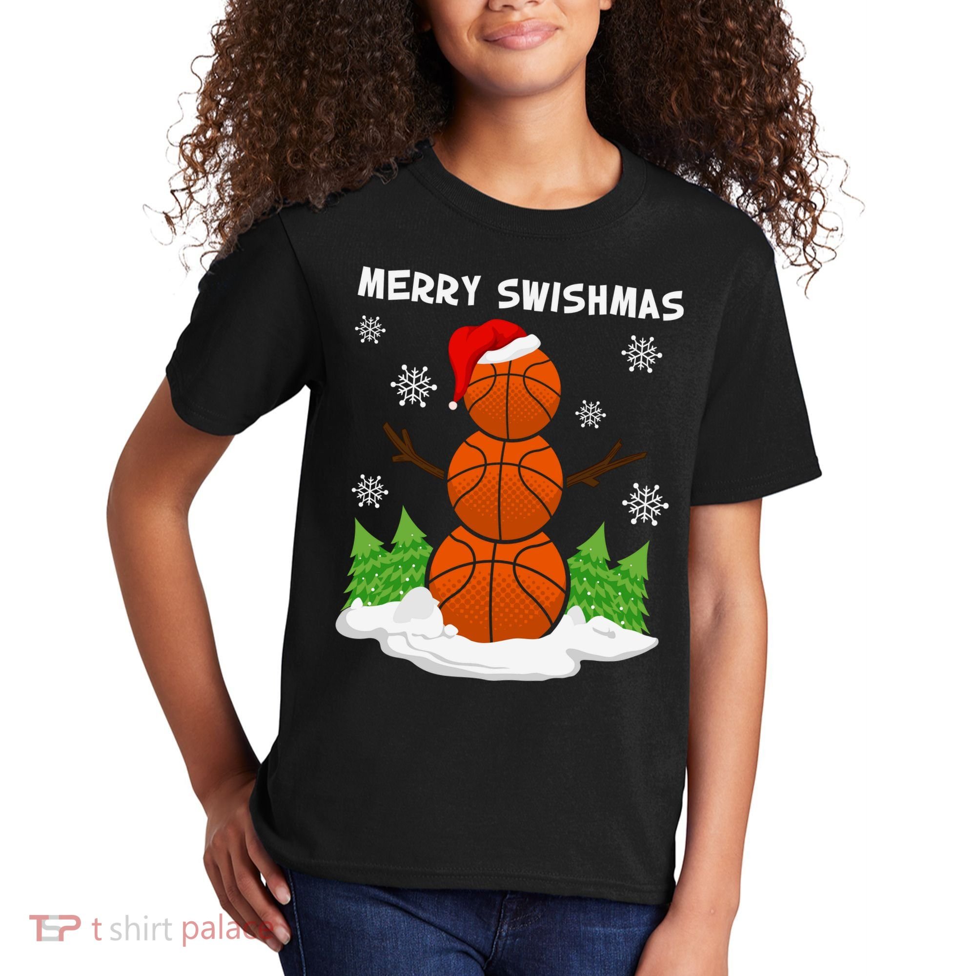 Merry Swishmas Ugly Sweater Basketball Christmas Snowman Basketball Character Kids T-Shirt