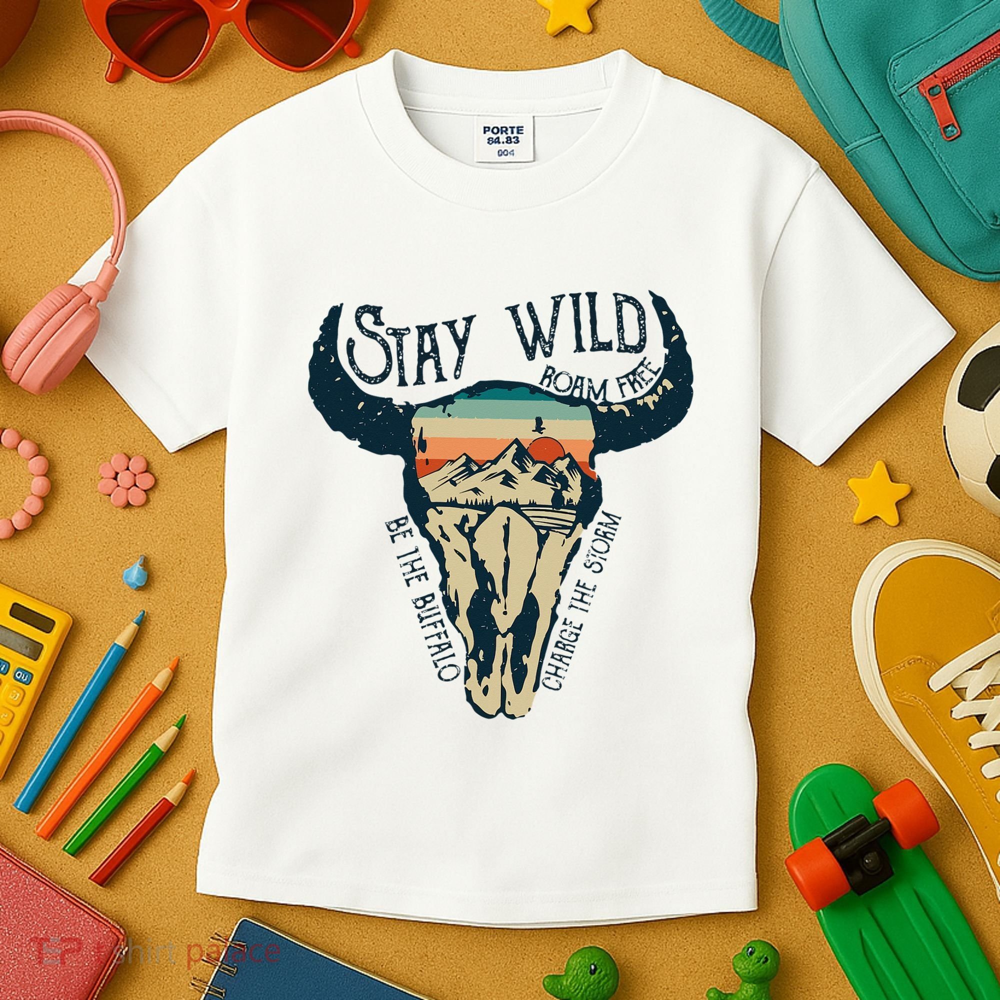 MIDWEST STAY WILD ROAM FREE Skull Cow Kids T-Shirt