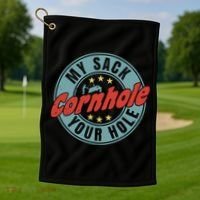 My Sack Your Hole Funny Cornhole Sack Toss Circle Distressed Golf Towel thumb 1