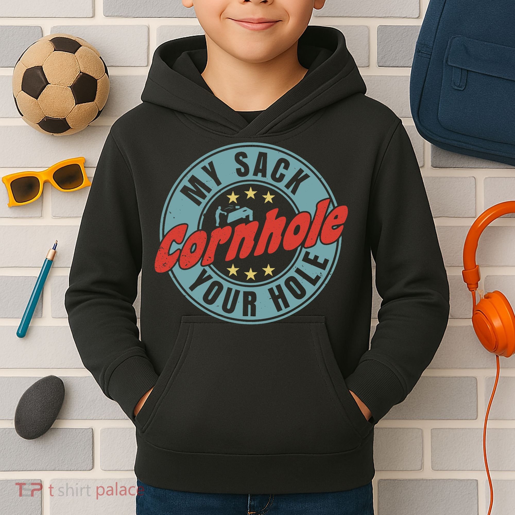 My Sack Your Hole Funny Cornhole Sack Toss Circle Distressed Kids Hoodie