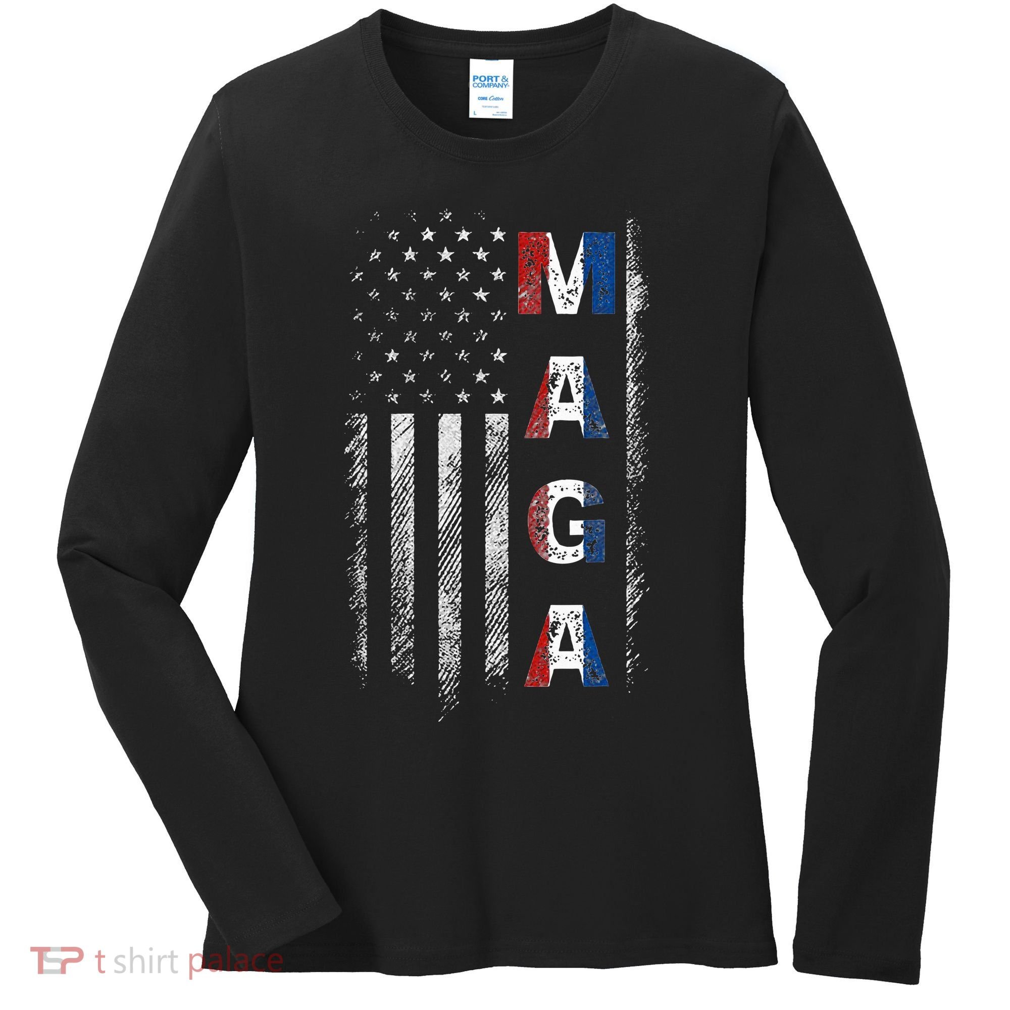 Maga Trump 2024 Us Flag American Women's Long Sleeve Shirt
