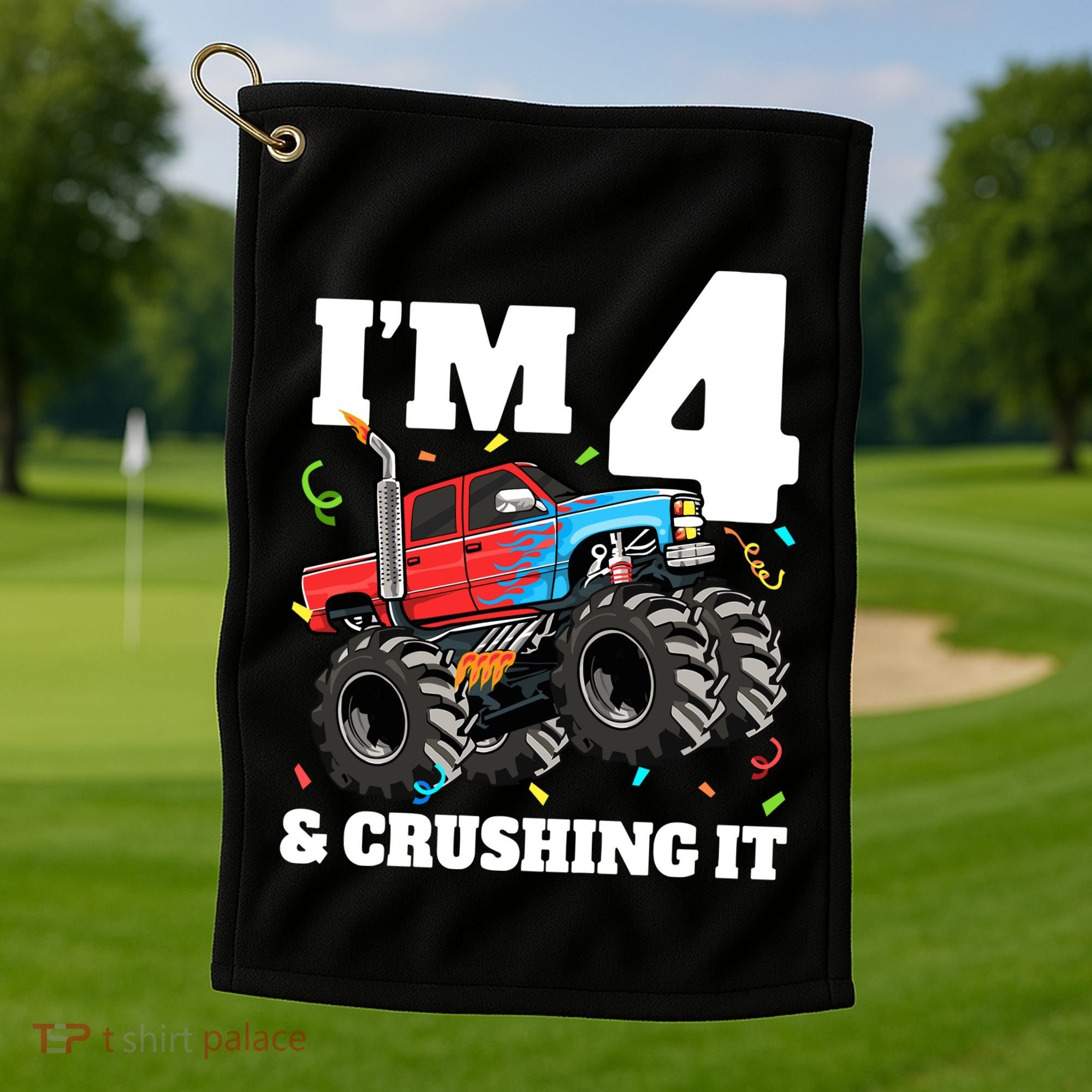 Monster Truck 4th Birthday Boy 4 Four Year Old Golf Towel