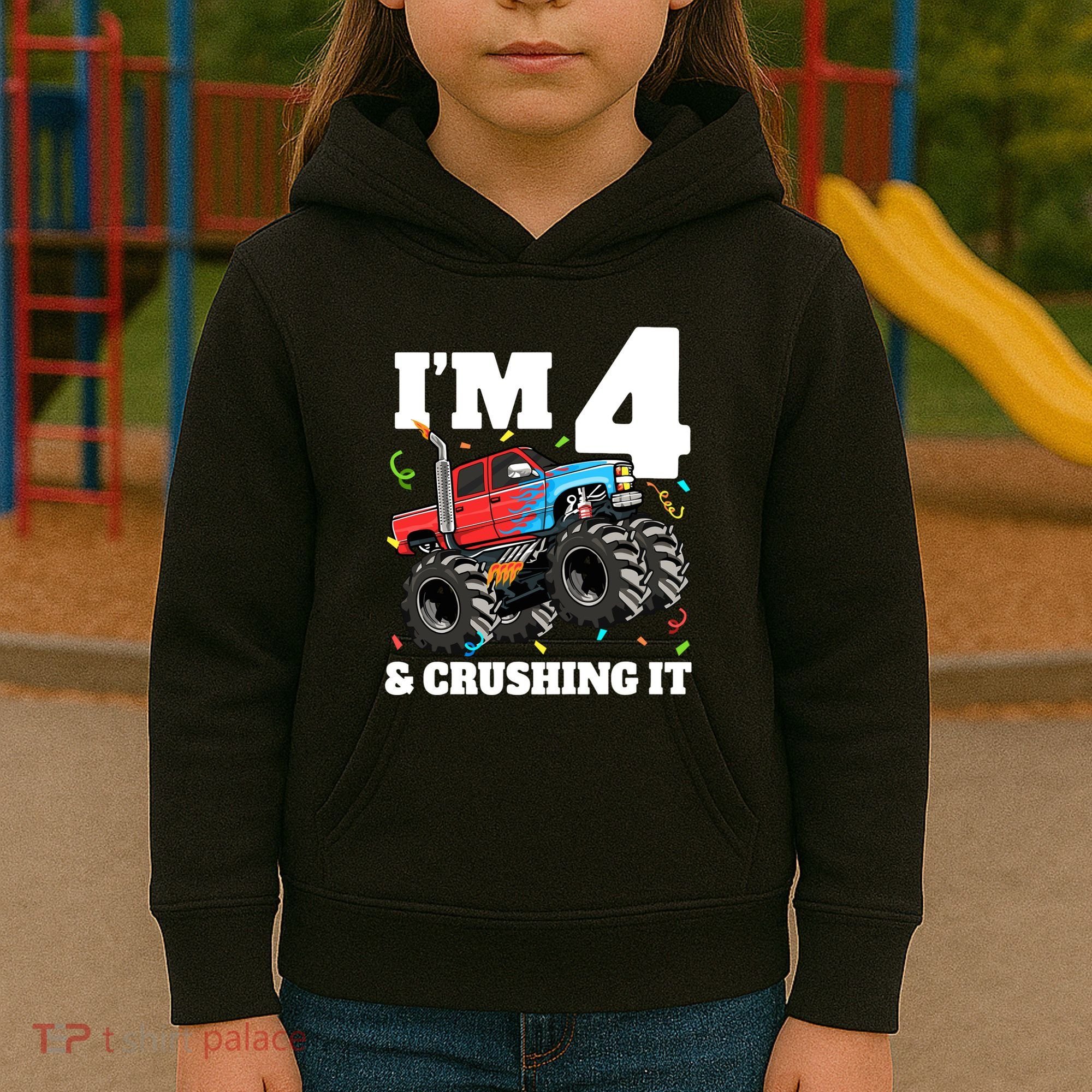 Monster Truck 4th Birthday Boy 4 Four Year Old Kids Hoodie