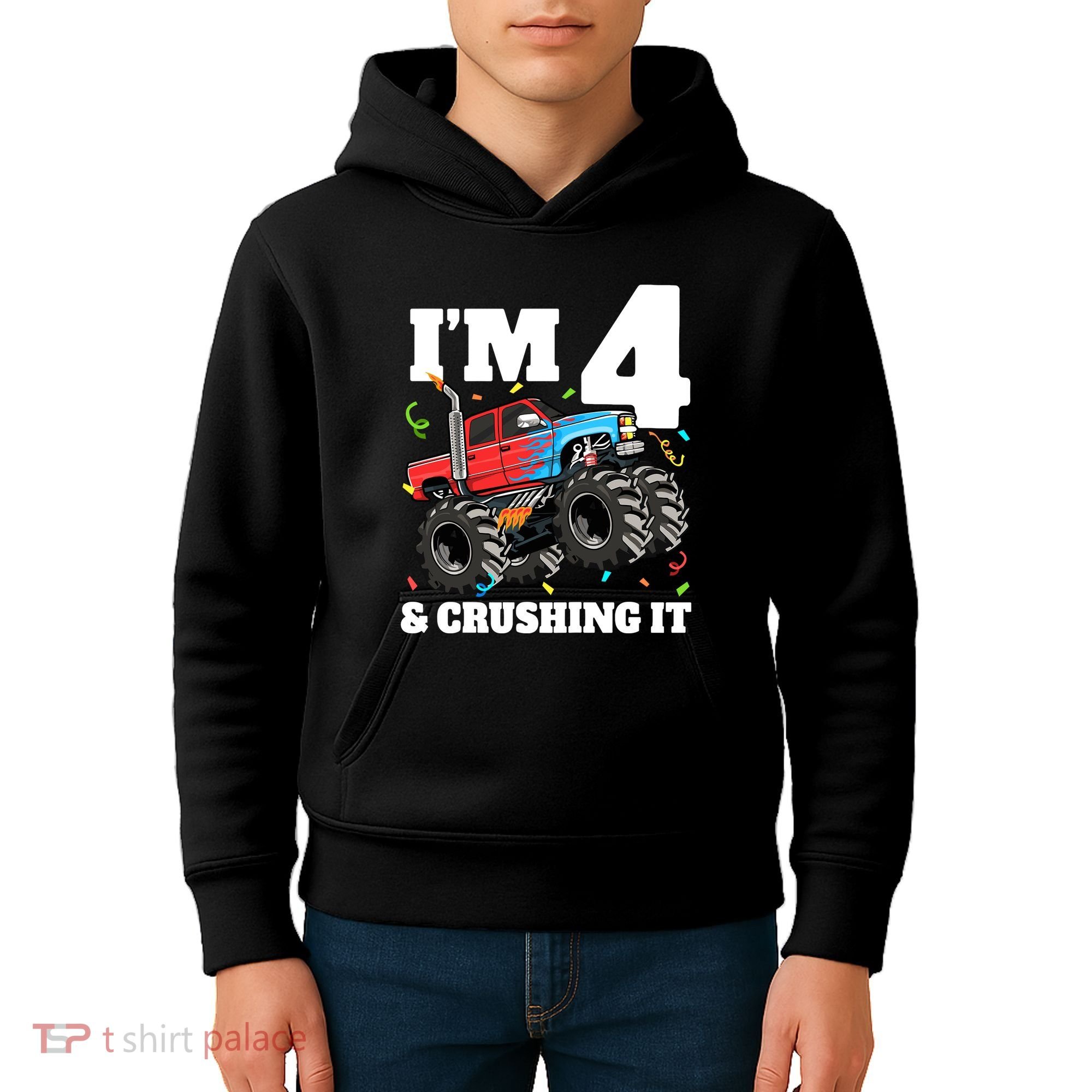 Monster Truck 4th Birthday Boy 4 Four Year Old Kids Hoodie