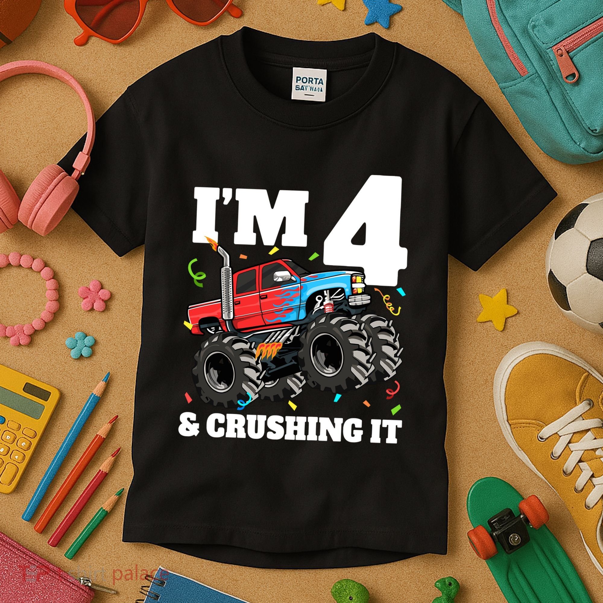Monster Truck 4th Birthday Boy 4 Four Year Old Kids T-Shirt