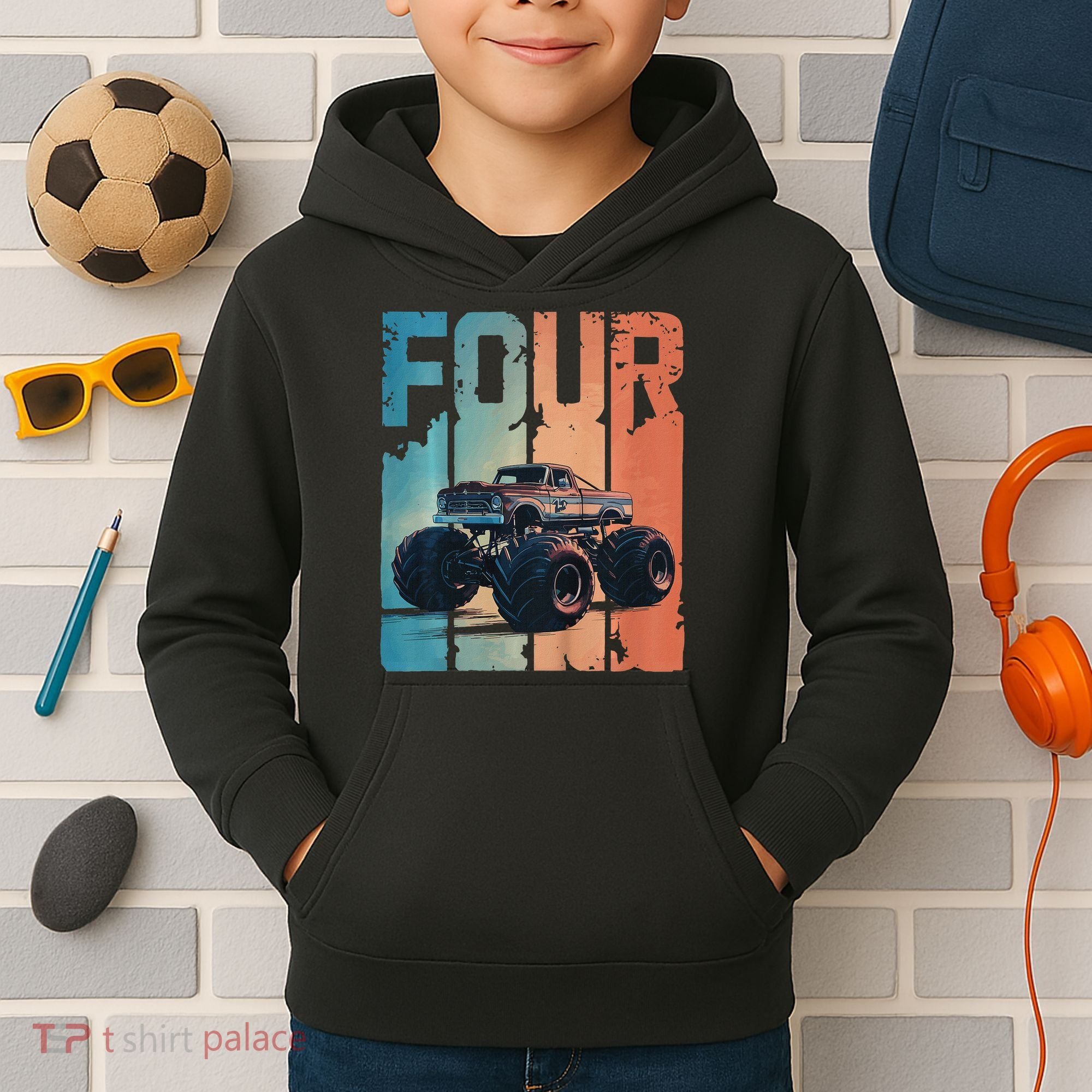 Monster Truck 4th Birthday Kids Hoodie